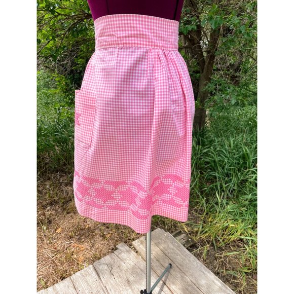 Vintage 1950s Half Apron Pink Gingham Check Smocked Stars Farmhouse - Picture 14 of 16